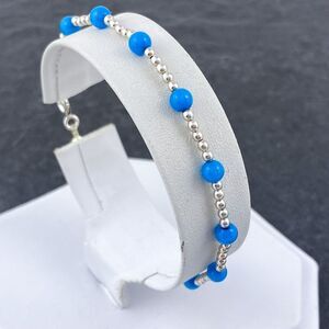 Women's Jordan Sterling Silver 925 3mm Blue Glass Ball Beaded Bracelet 7"